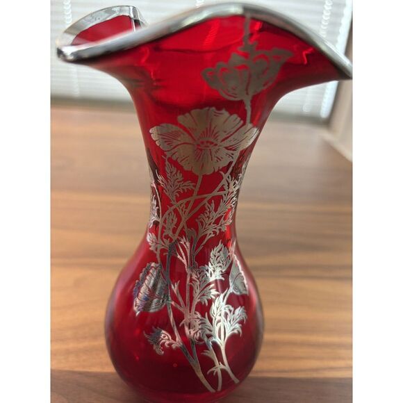Red MCM Vtg Bud Vase With Silver Design Flowers And On Fluted Edges - Picture 1 of 8